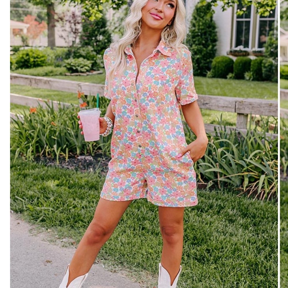 * Shop Impressions * womens denim romper floral small s boutique outfit